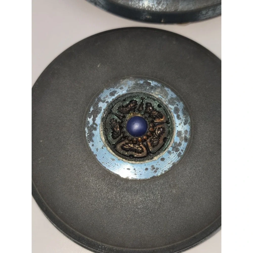 Musical Powder Box Metal Patina Blue Stone Round‎ Footed Vanity Box